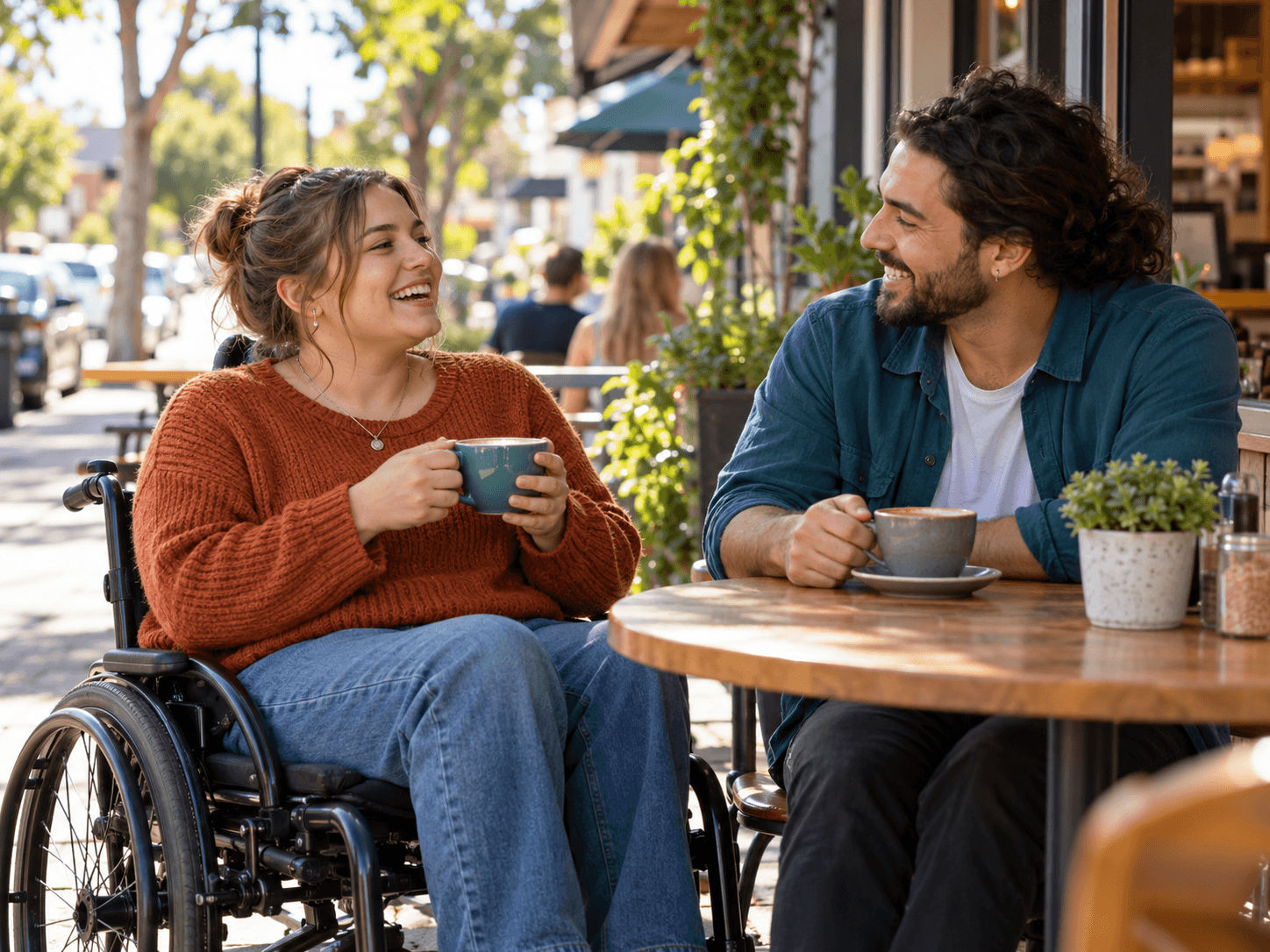 A woman using a wheelchair sharing a coffee and a laugh with her support worker at a street café